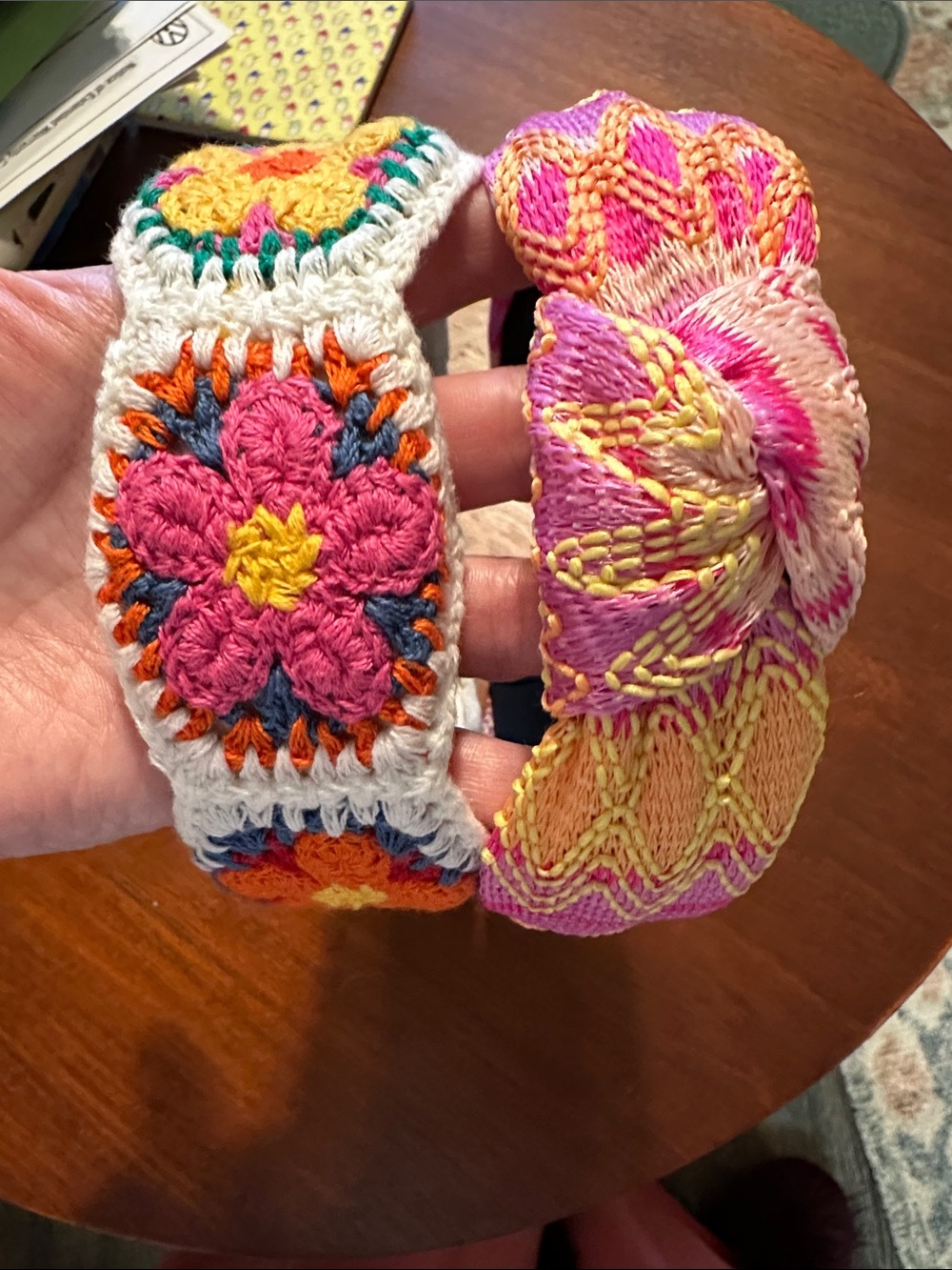 Pair of Crochet Floral Headband and Sunrise Geometric Knit Headband